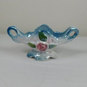 Blue Lustre Floral Embossed Double Handle Candy Dish Table Display Vintage FLAW